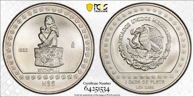 1993-Mo 5 Peso Xochipilli KM-647  Ag MS67