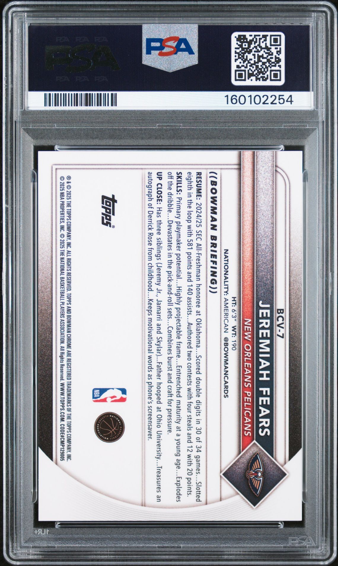2025 Bowman Jeremiah Fears #Bcv-7 (Chrome-Gold Refractor) Nm-Mt 8 back