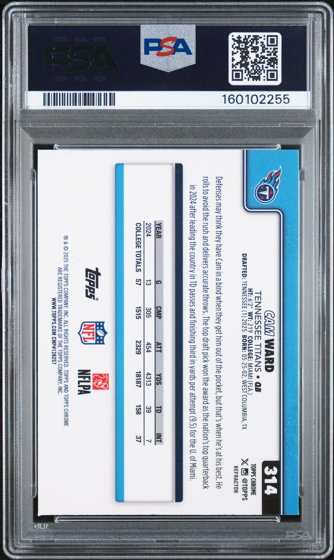 2025 Topps Chrome Cam Ward #314 (Refractor) Nm-Mt 8 back