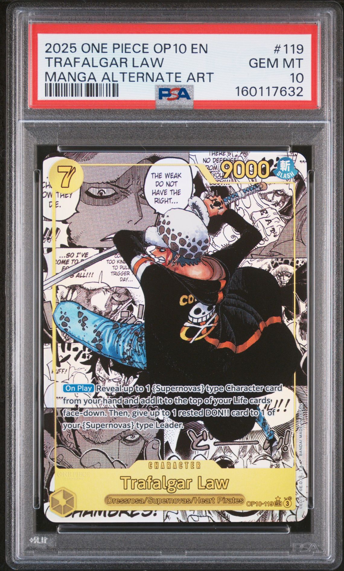 2025 One Piece Op10-Royal Blood Trafalgar Law #119 (Manga Alternate Art) Gem Mt 10 front view - PSA graded GEM MT 10