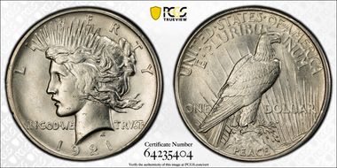 1921 $1 High Relief, Peace N1