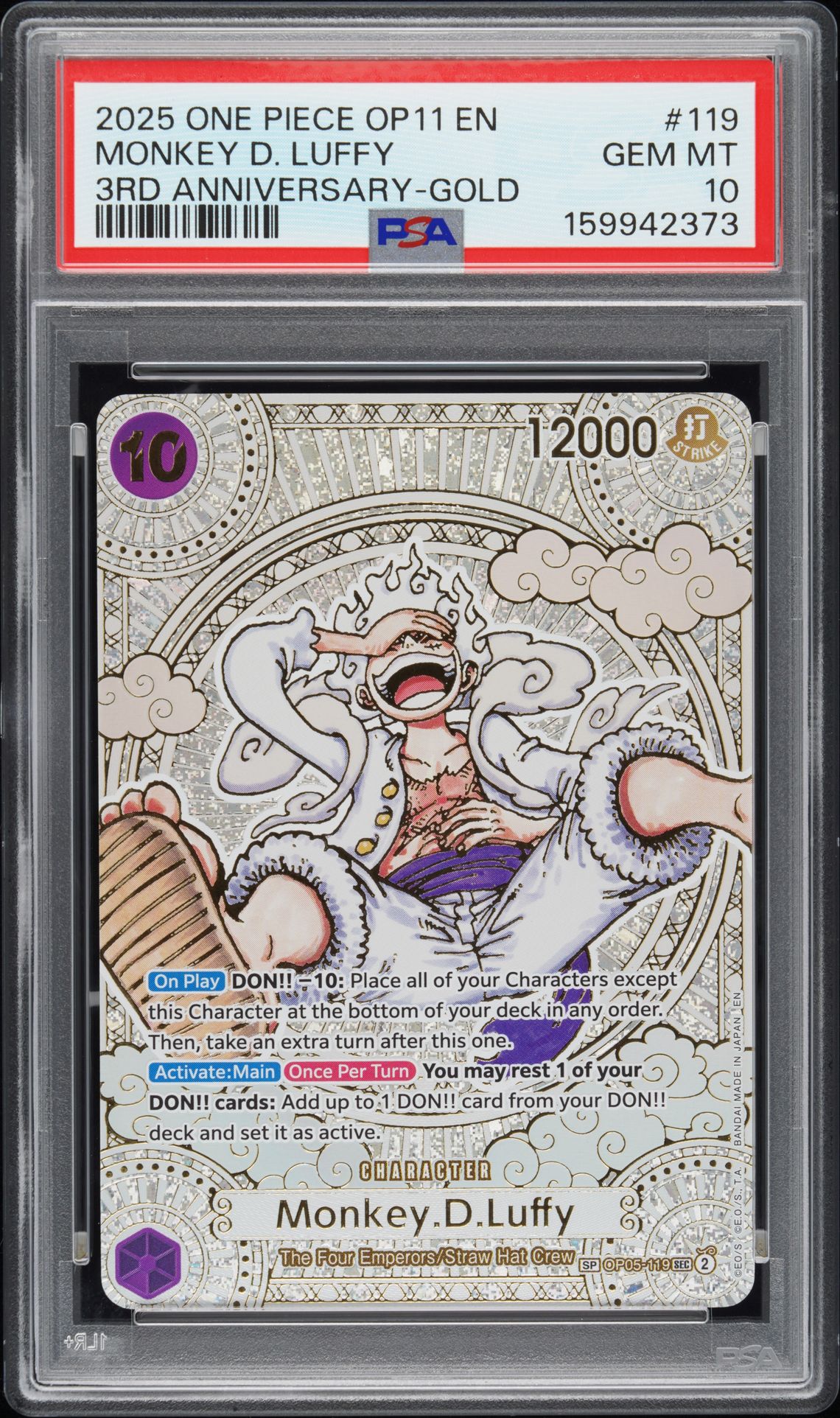 2025 One Piece Op11-A Fist Of Divine Speed Monkey D. Luffy #119 (3Rd Anniversary-Gold) Gem Mt 10 front