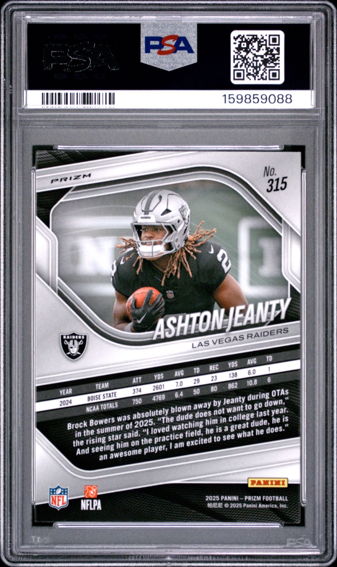2025 Panini Prizm Ashton Jeanty #315 (White Disco) Gem Mt 10 back view - PSA certificate #159859088