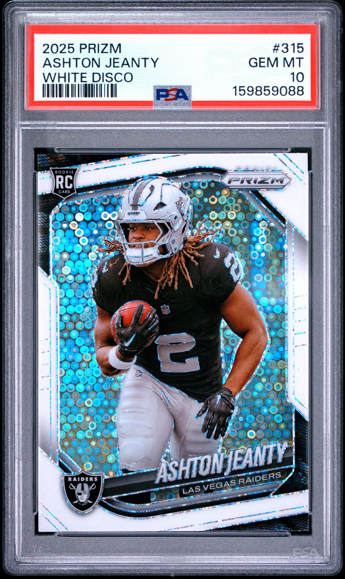 2025 Panini Prizm Ashton Jeanty #315 (White Disco) Gem Mt 10 front view - PSA graded GEM MT 10