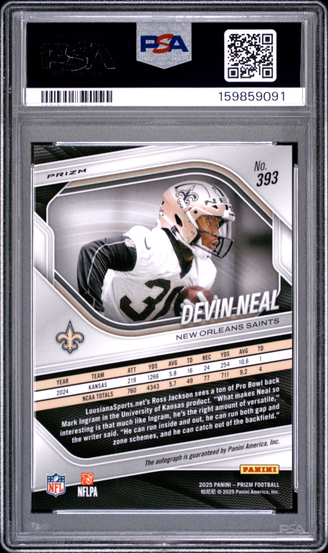 2025 Panini Prizm Devin Neal #393 (Autograph-Silver Prizm) Gem Mt 10 back