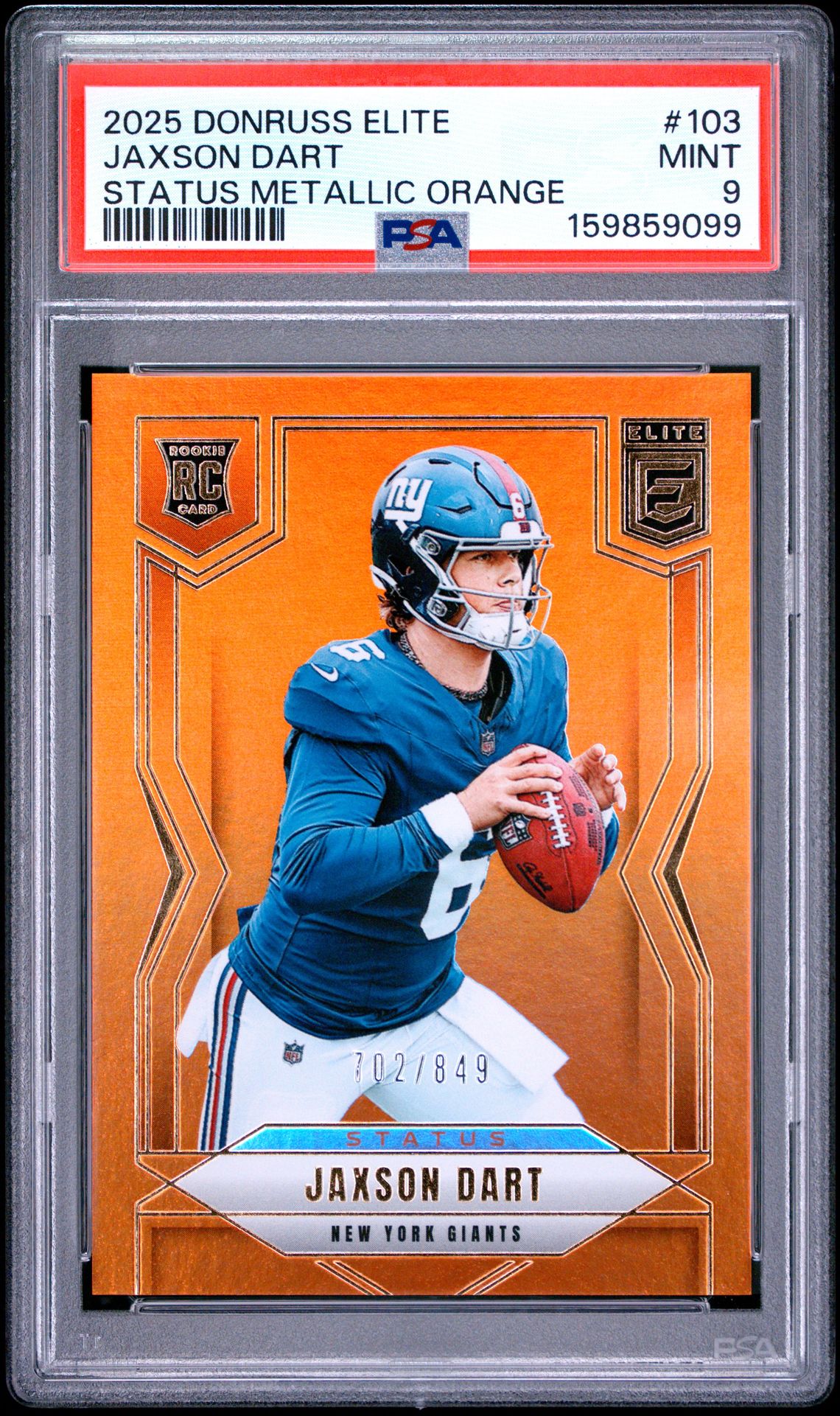 2025 Panini Donruss Elite Jaxson Dart #103 (Status Metallic Orange) Mint 9 front