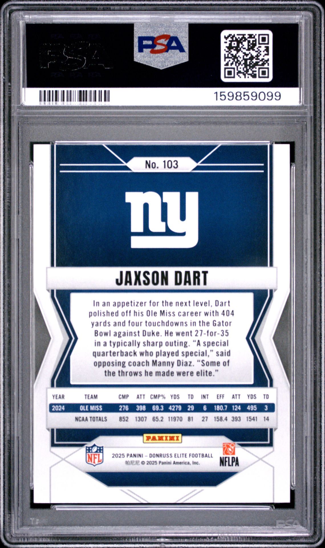 2025 Panini Donruss Elite Jaxson Dart #103 (Status Metallic Orange) Mint 9 back