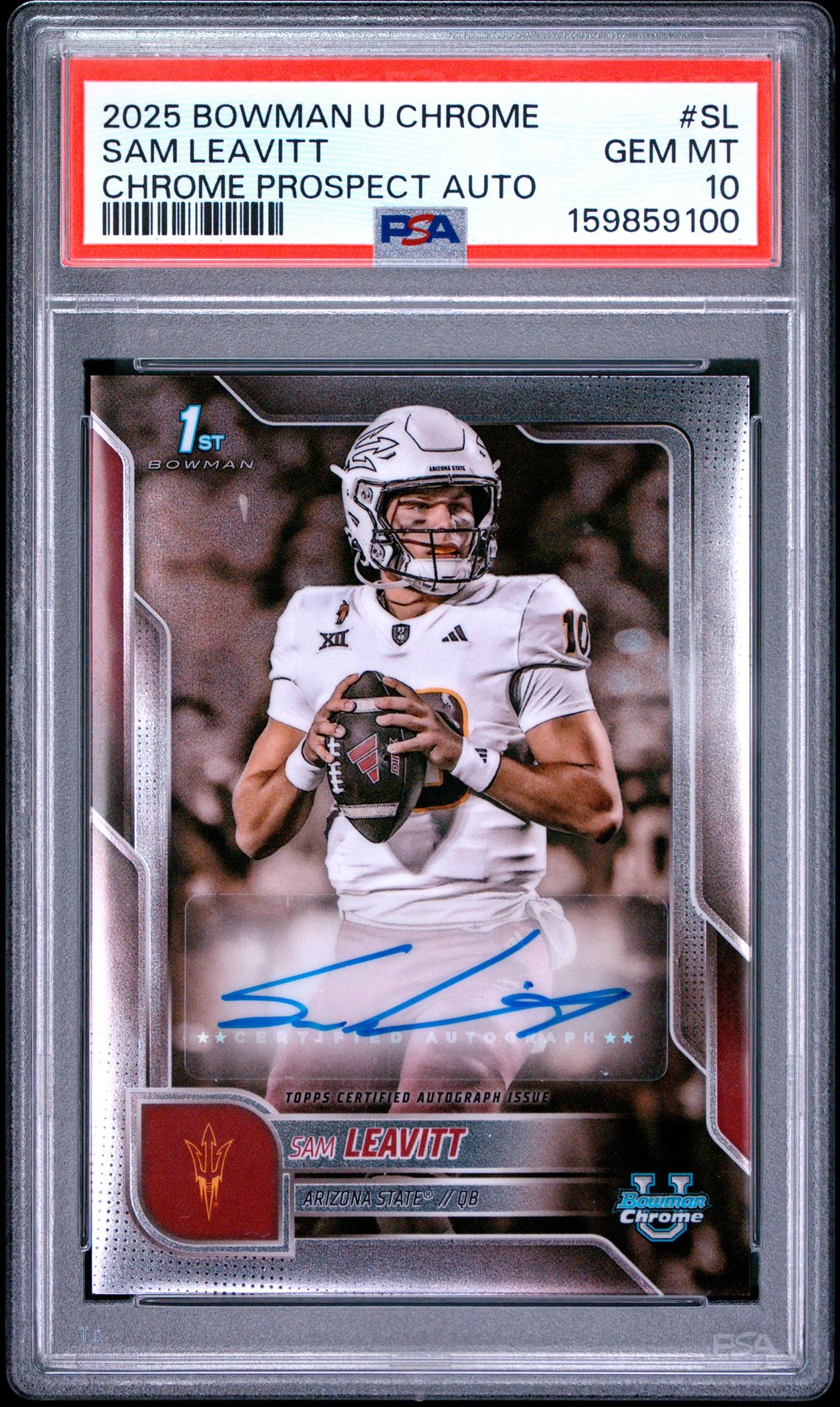 2025 BOWMAN UNIVERSITY CHROME BOWMAN CHROME PROSPECT AUTOGRAPHS SAM LEAVITT  SL GEM MT 10 front