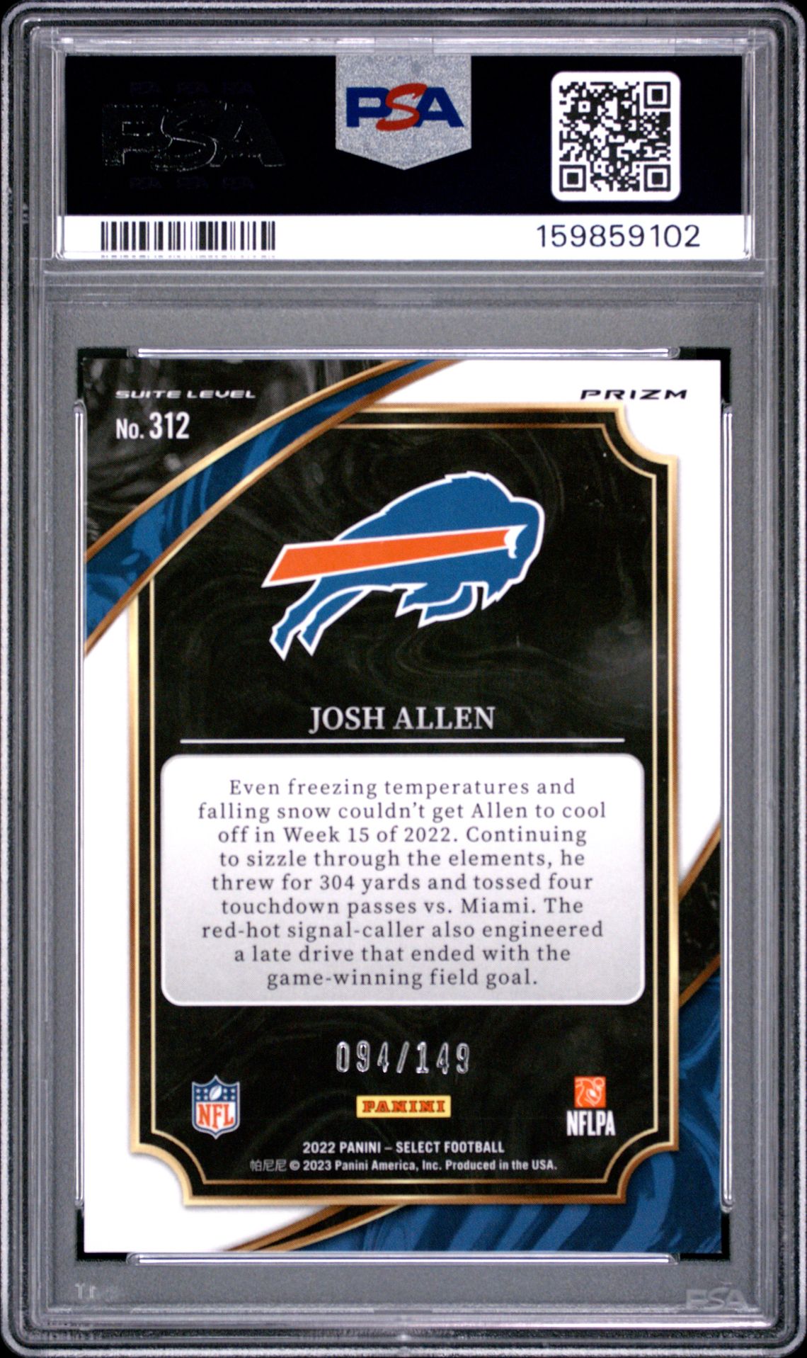 2022 Panini Select Josh Allen #312 (Tri-Color Prizm) Mint 9 back