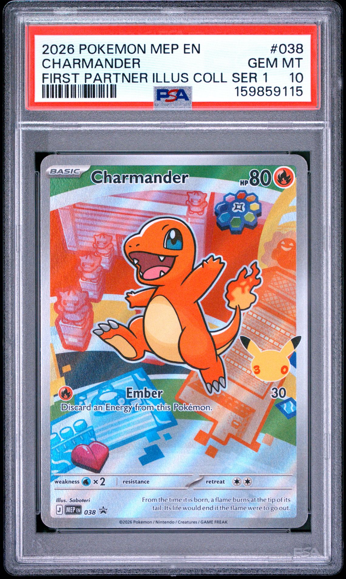 2026 Pokemon Mep En-Me Black Star Promo Charmander #038 (First Partner Illus Coll Ser 1) Gem Mt 10 front view - PSA graded GEM MT 10