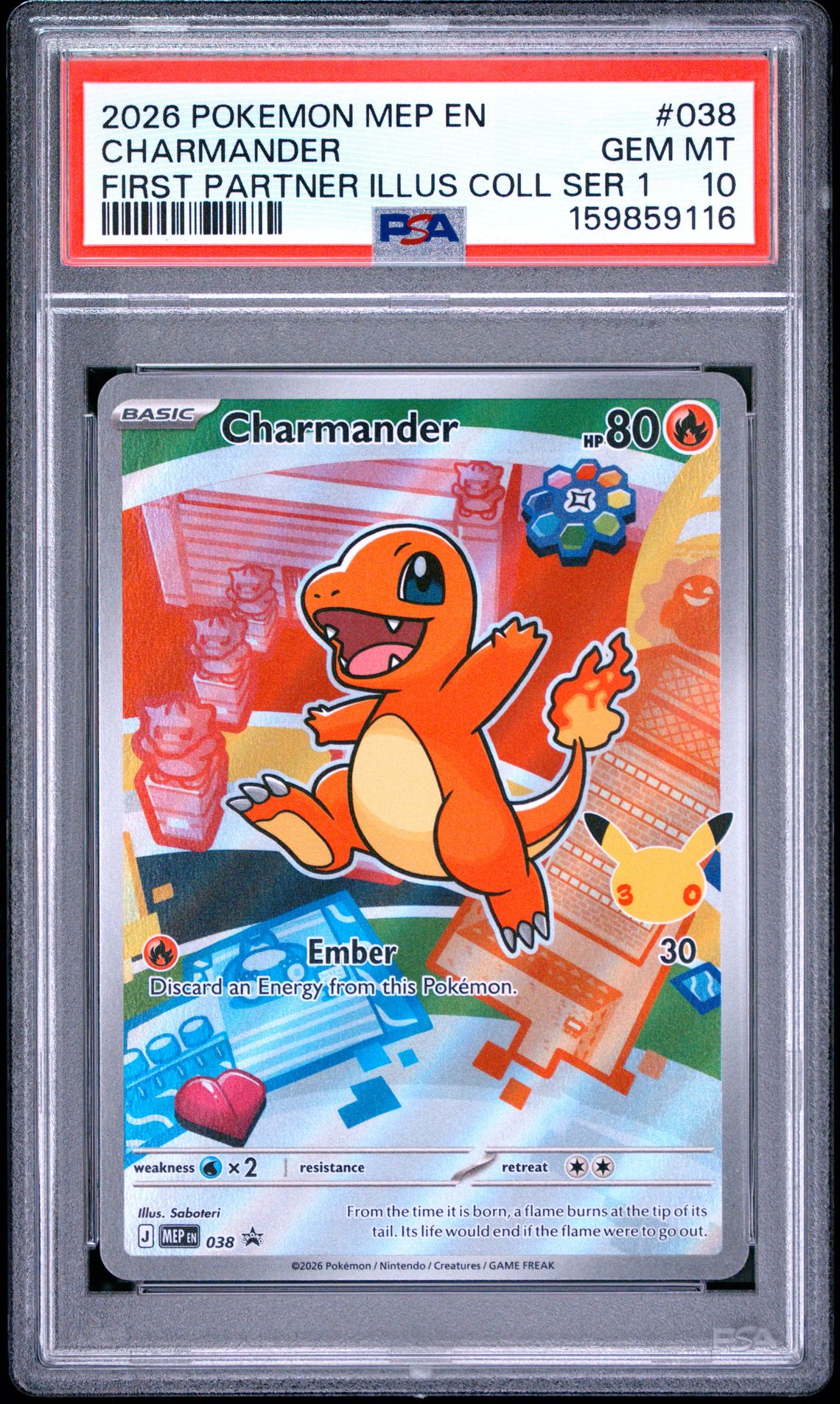 2026 Pokemon Mep En-Me Black Star Promo Charmander #038 (First Partner Illus Coll Ser 1) Gem Mt 10 front view - PSA graded GEM MT 10