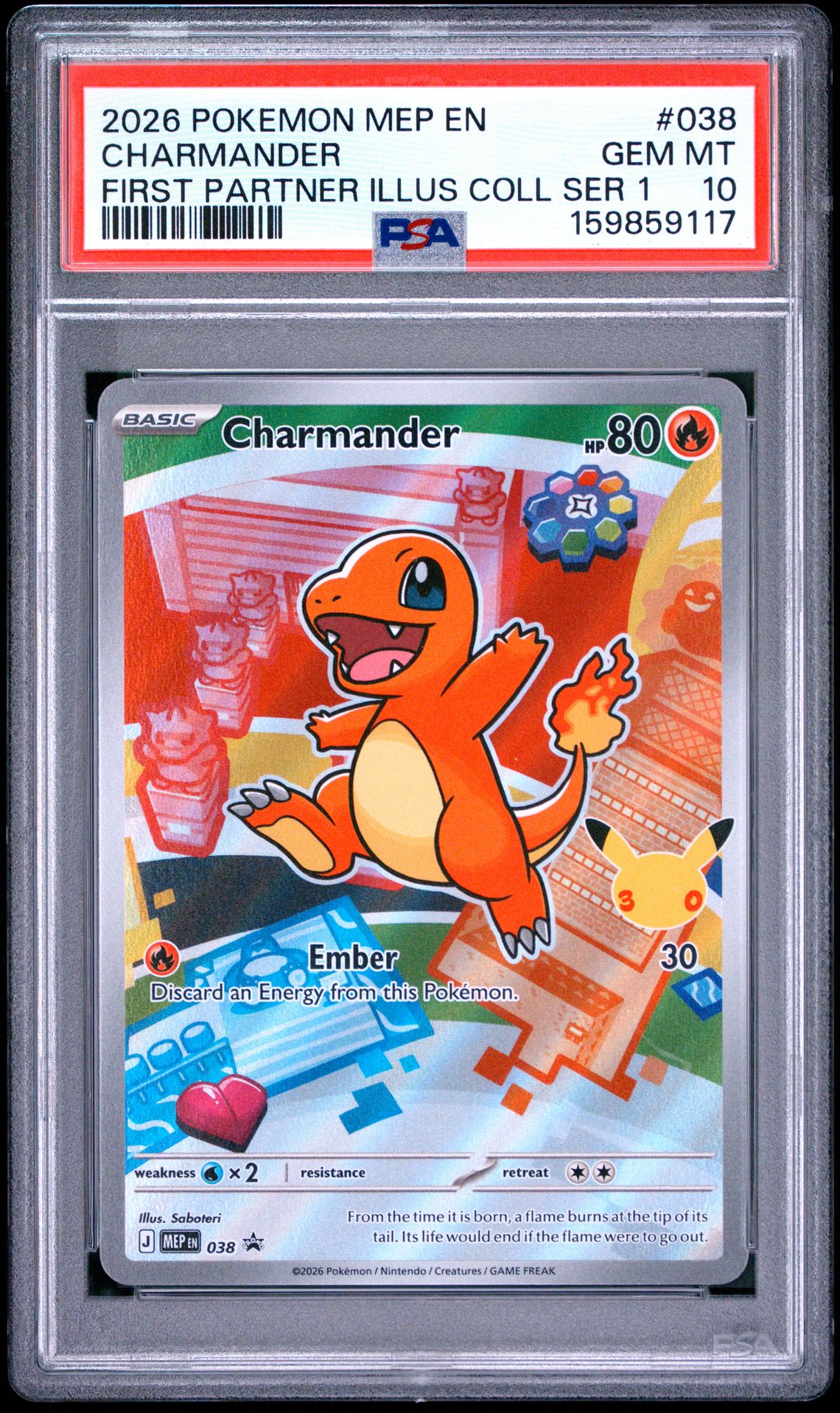 2026 Pokemon Mep En-Me Black Star Promo Charmander #038 (First Partner Illus Coll Ser 1) Gem Mt 10 front view - PSA graded GEM MT 10