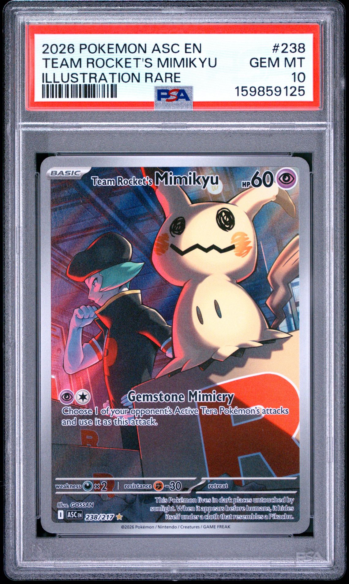 2026 Pokemon Asc En-Ascended Heroes Team Rocket's Mimikyu #238 (Illustration Rare) Gem Mt 10 front view - PSA graded GEM MT 10