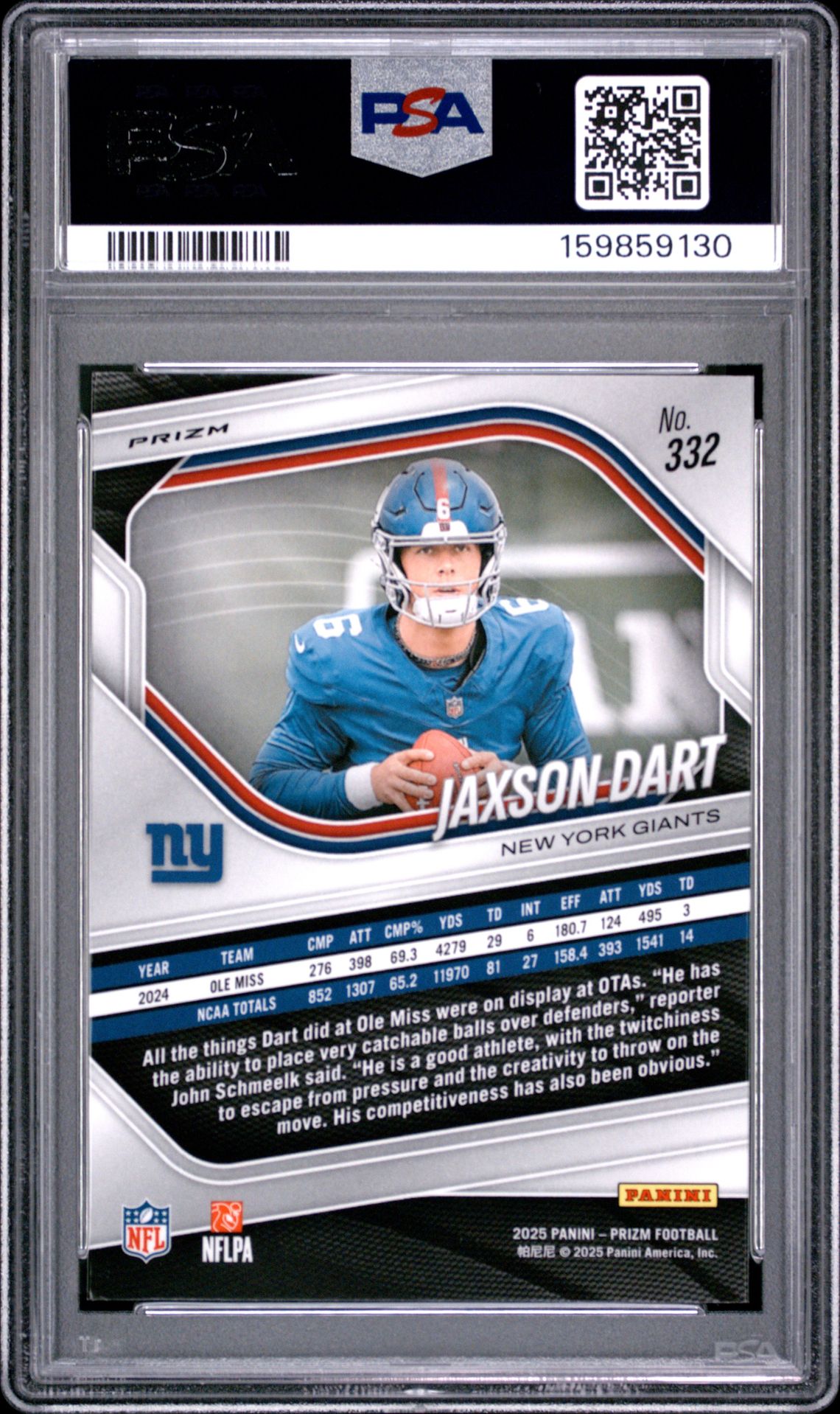 2025 Panini Prizm Jaxson Dart #332 (White Disco) Gem Mt 10 back