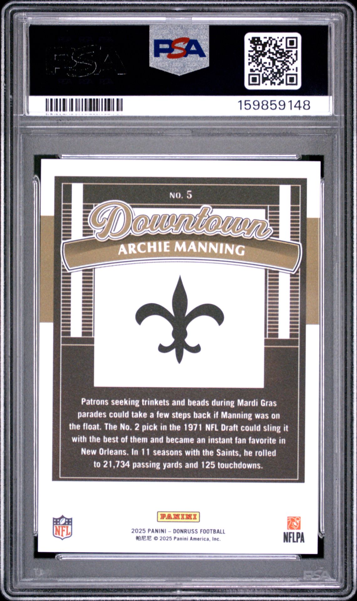 2025 Panini Donruss Downtown Archie Manning #5 Gem Mt 10 back view - PSA certificate #159859148