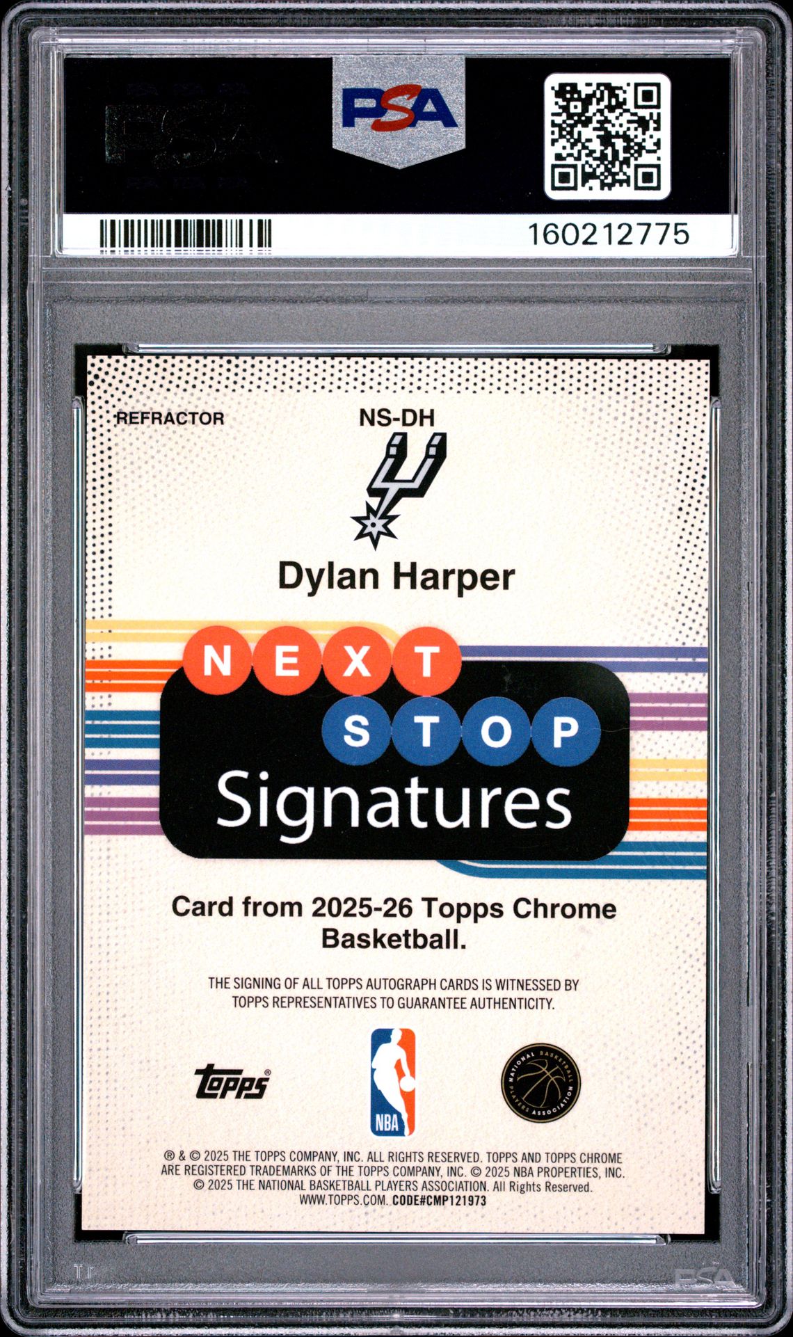 2025 Topps Chrome Next Stop Signatures Dylan Harper #Ns-Dh (Next Stop Sig-Refractor) Gem Mt 10 back view - PSA certificate #160212775