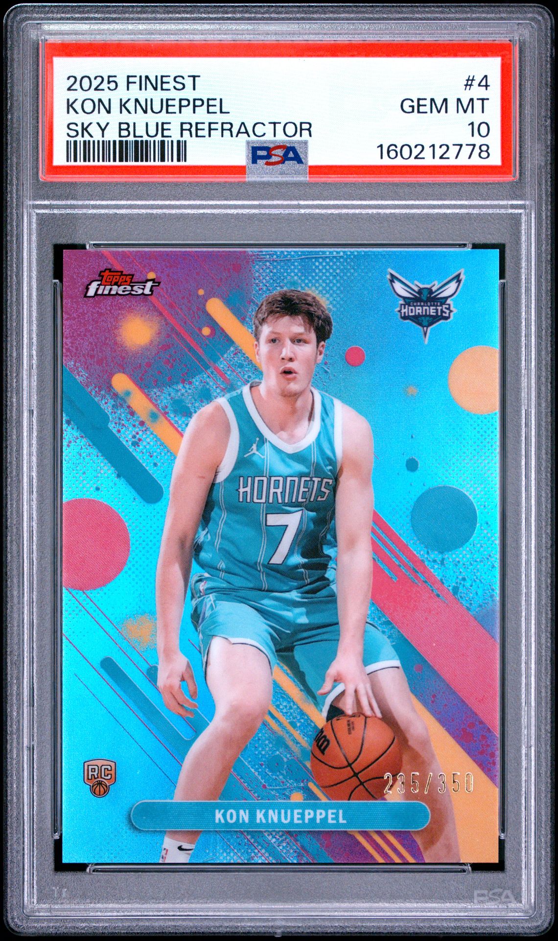 2025 Topps Finest Kon Knueppel #4 (Sky Blue Refractor) Gem Mt 10 front view - PSA graded GEM MT 10