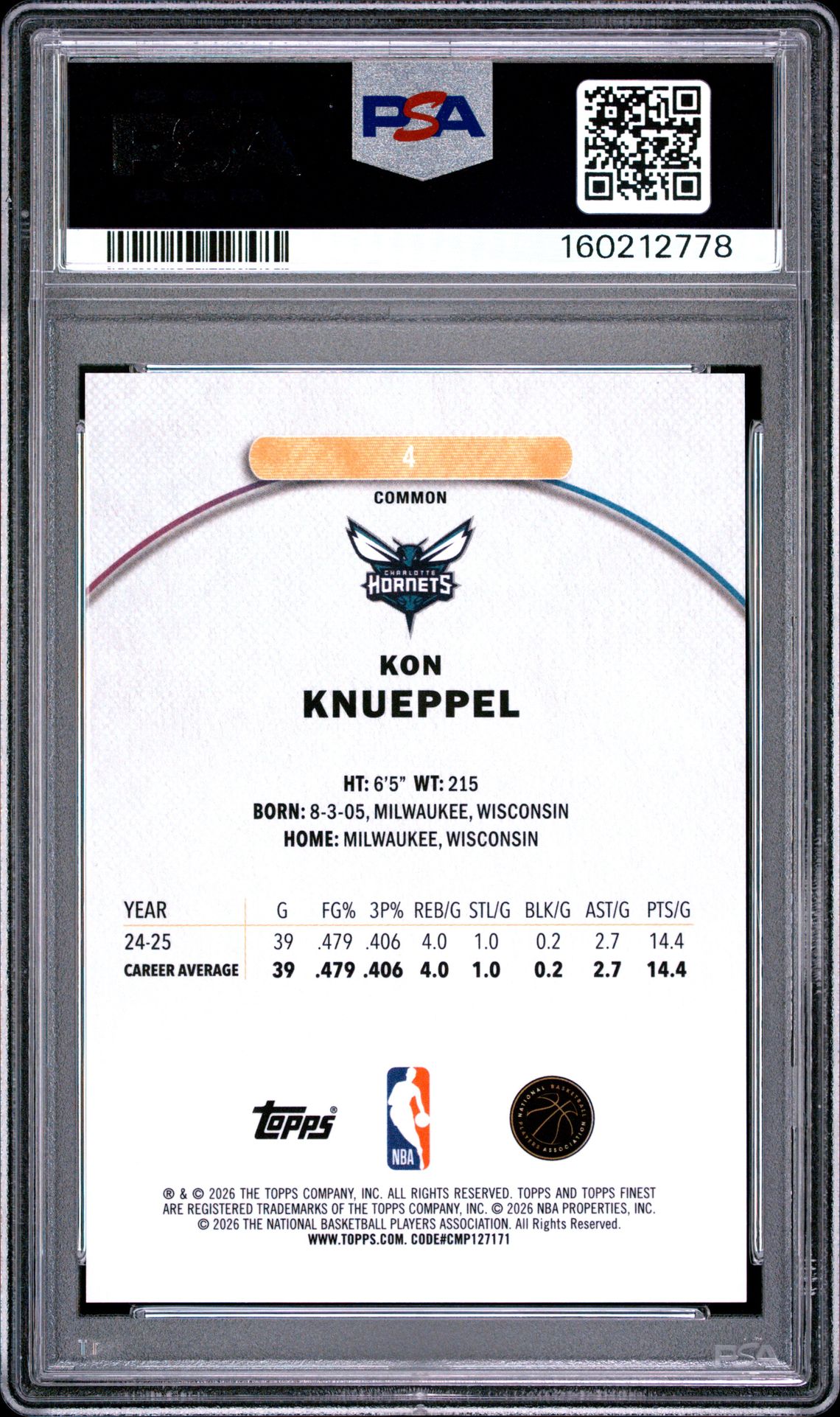 2025 Topps Finest Kon Knueppel #4 (Sky Blue Refractor) Gem Mt 10 back view - PSA certificate #160212778