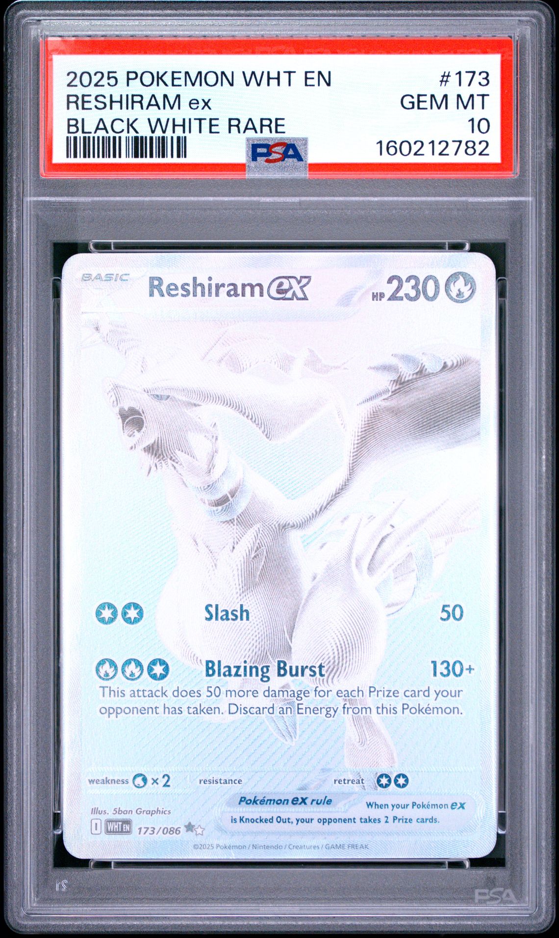 2025 Pokemon Wht En-White Flare Reshiram Ex #173 (Black White Rare) Gem Mt 10 front view - PSA graded GEM MT 10