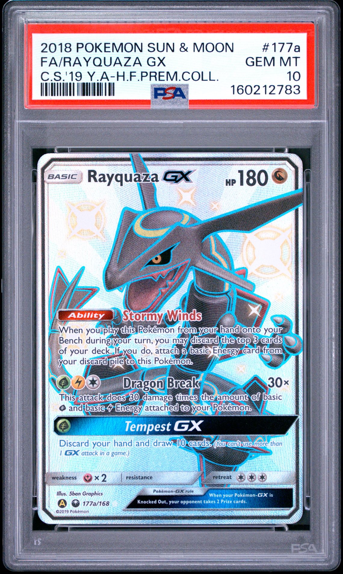2018 Pokemon Sun & Moon Celestial Storm Fa/Rayquaza Gx #177A (C.s.'19 Y.a-H.f.prem.coll.) Gem Mt 10 front view - PSA graded GEM MT 10