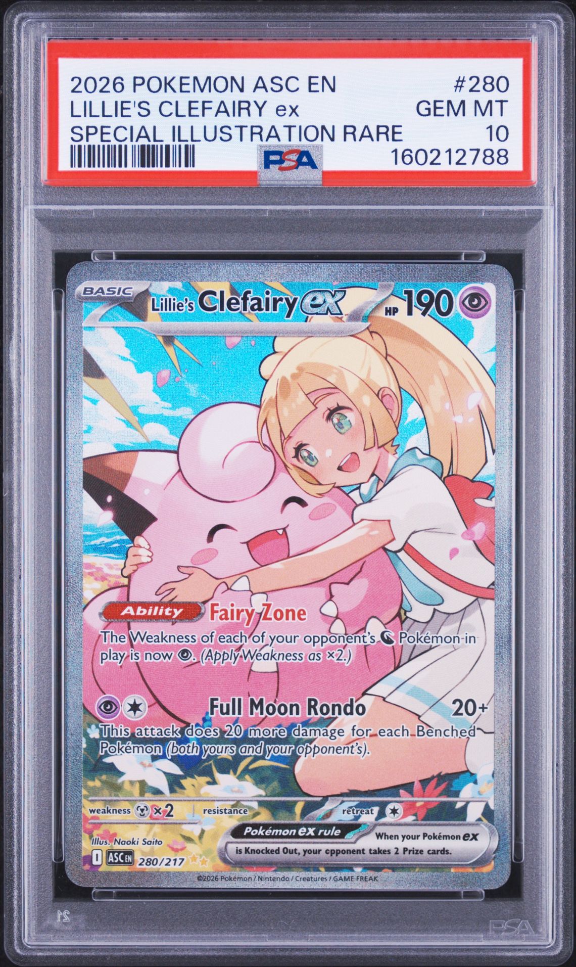 2026 Pokemon Asc En-Ascended Heroes Lillie's Clefairy Ex #280 (Special Illustration Rare) Gem Mt 10 front view - PSA graded GEM MT 10