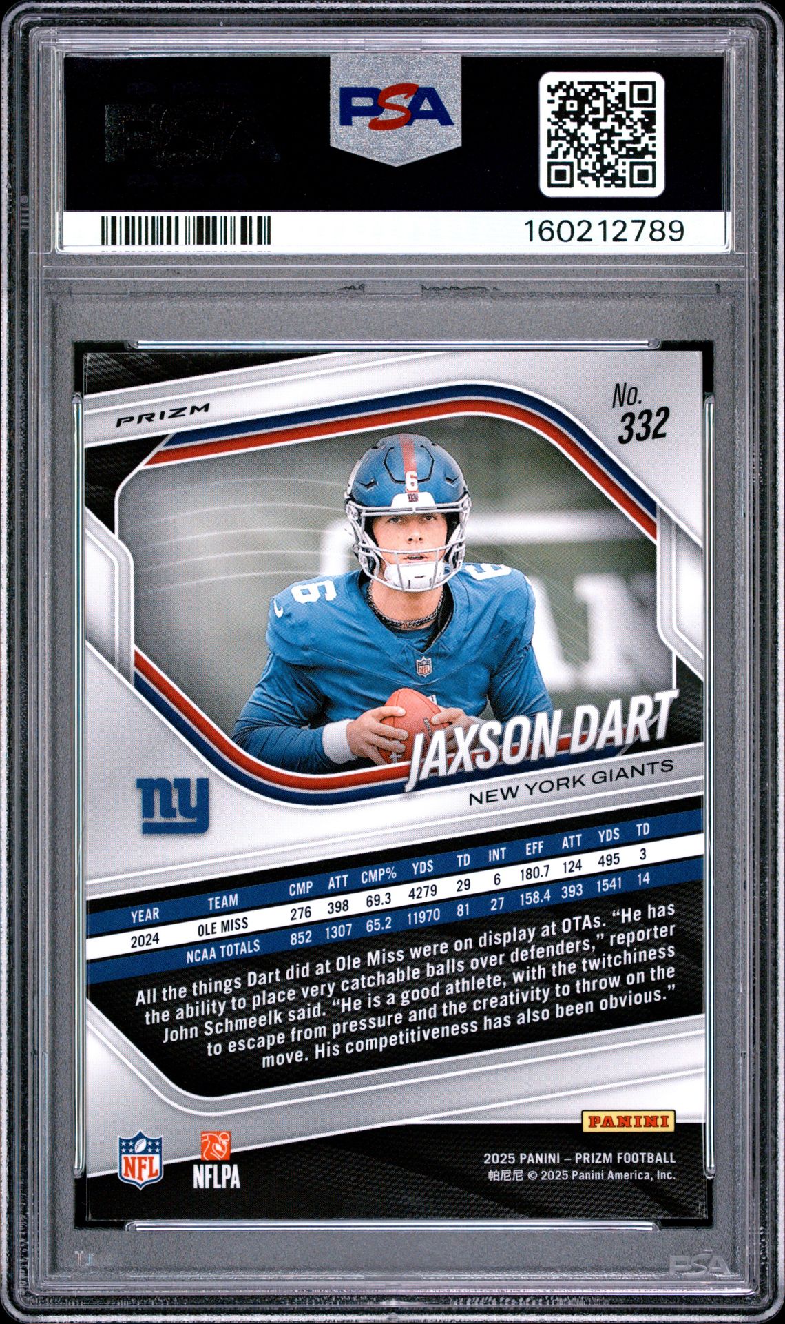 2025 Panini Prizm Jaxson Dart #332 (Silver Prizm) Gem Mt 10 back view - PSA certificate #160212789