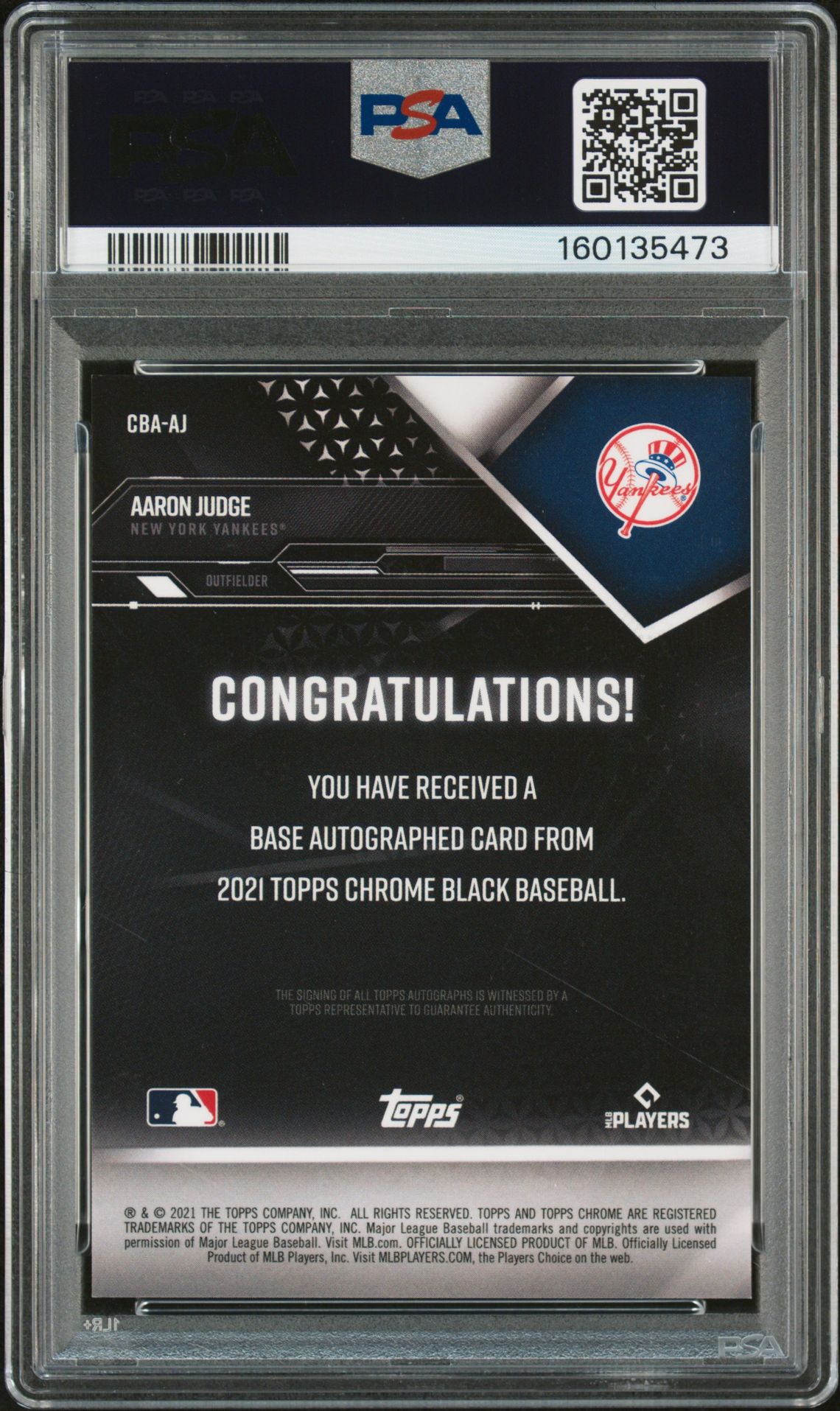 2021 Topps Chrome Black Autographs Aaron Judge #Aj (Autographs) Mint 9 back