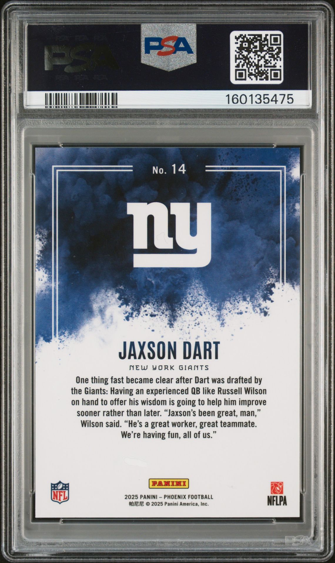 2025 Panini Phoenix Color Blast Jaxson Dart #14 Mint 9 back