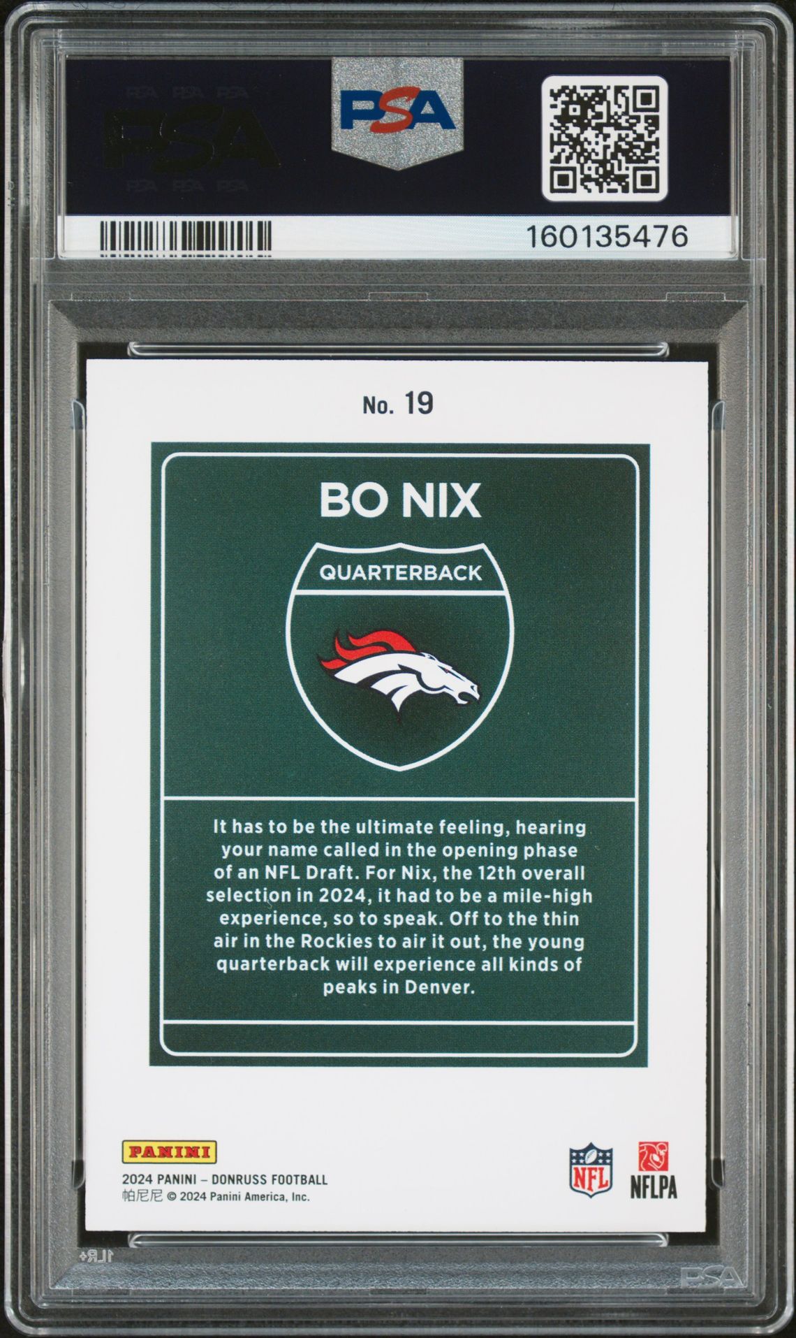 2024 Panini Donruss Downtown! Bo Nix #19 Gem Mt 10 back view - PSA certificate #160135476