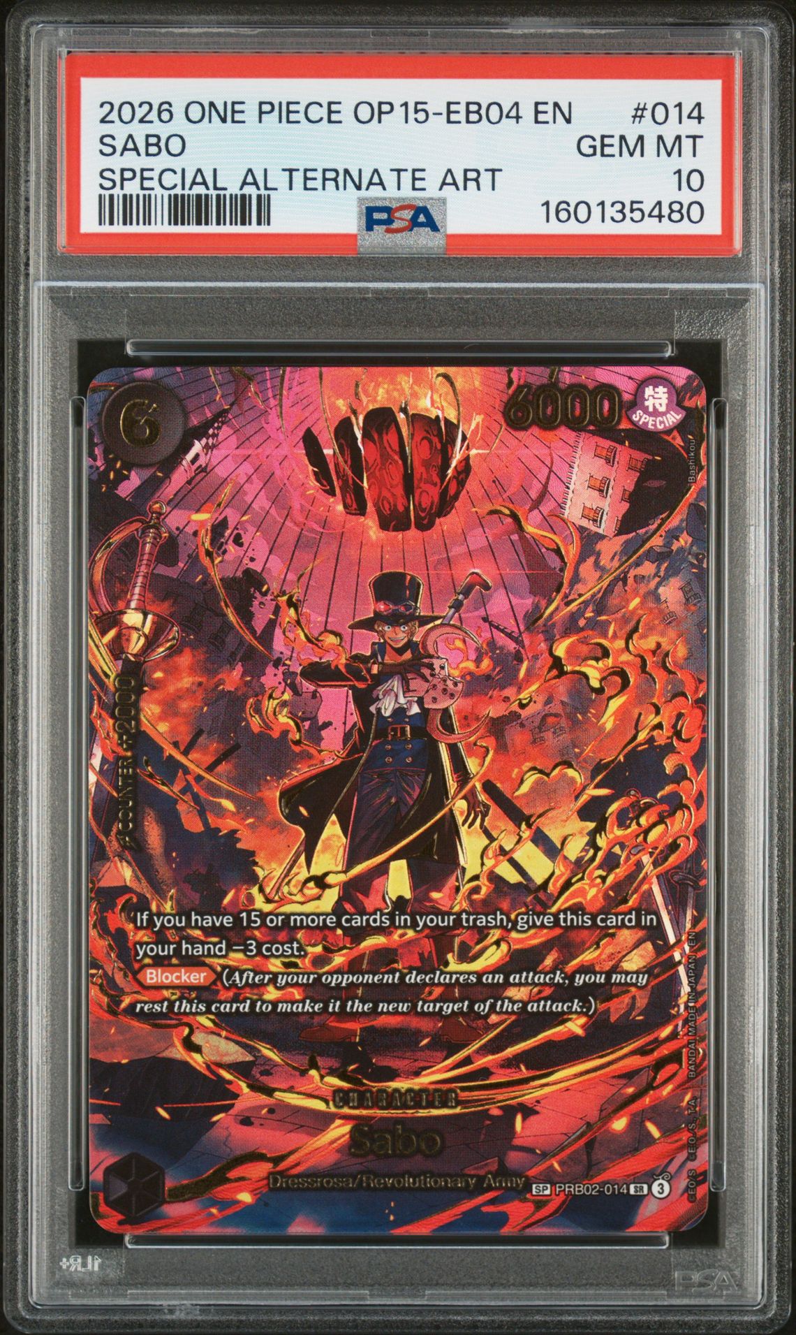 2026 ONE PIECE OP15-EB04-ADVENTURE ON KAMI'S ISLAND SABO SPECIAL ALTERNATE ART 014 GEM MT 10 front