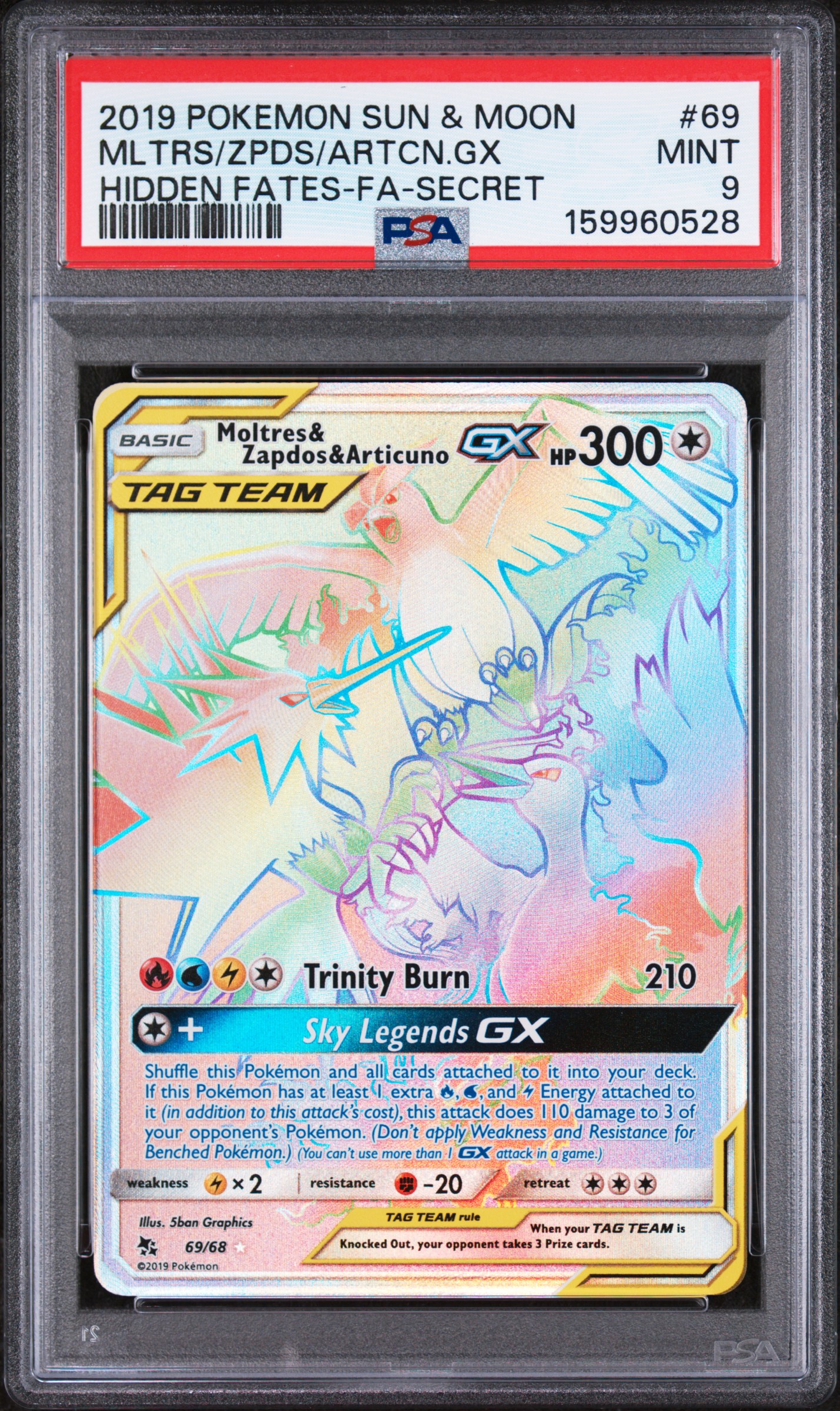 2019 #69 Full Art/Moltres & Zapdos & Articuno GX PSA 9 Sun & Moon Hidden Fates