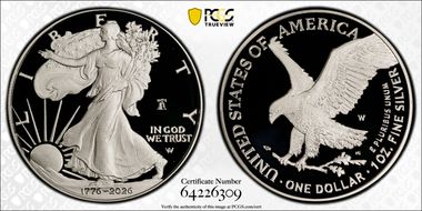 2026-W $1 Silver Eagle w/ Liberty Bell 250 Privy PR70DCAM