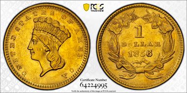 1856 G$1 Slanted 5 AU58