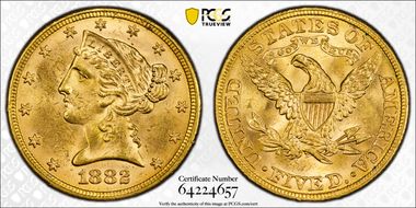 1882 $5 MS64