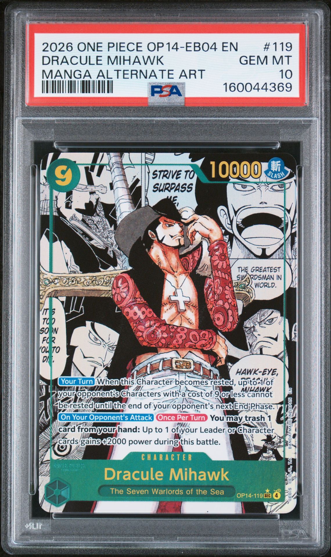 2026 One Piece Op14-Eb04-The Azure Sea's Seven Dracule Mihawk #119 (Manga Alternate Art) Gem Mt 10 front view - PSA graded GEM MT 10