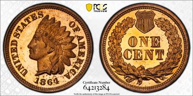 1864 1C L On Ribbon PR65CAM