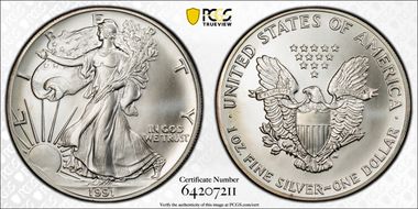1991 $1 Silver Eagle MS67