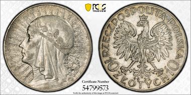 1932(w) 10 Zl Queen Jadwiga KM-22  Ag AU53