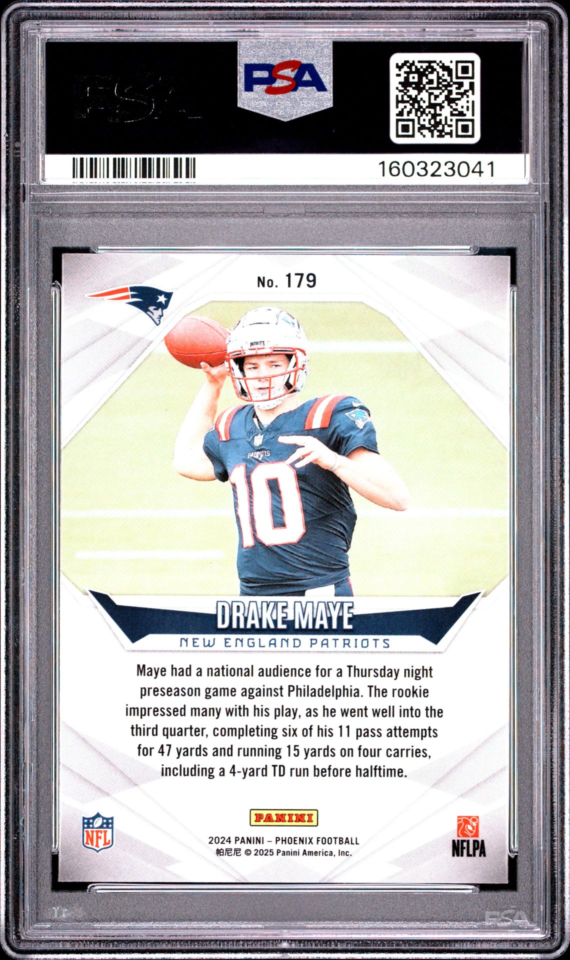 2024 Panini Phoenix Drake Maye #179 Gem Mt 10 back view - PSA certificate #160323041
