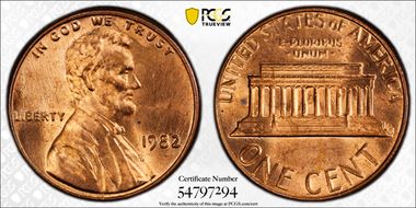 1982 1C Bronze, Large Date MS65RD