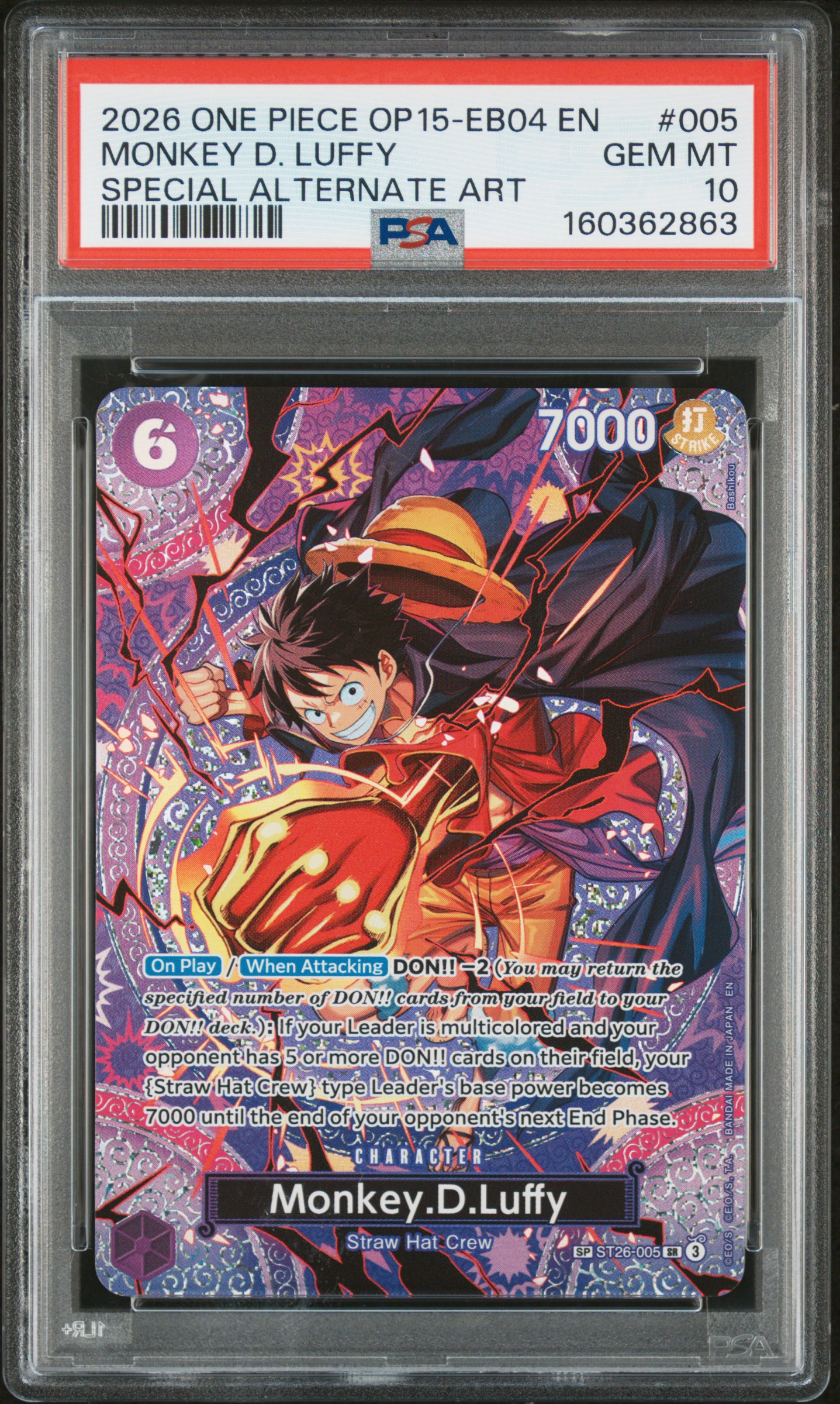 2026 #005 Monkey D. Luffy PSA 10 One Piece OP15-EB04-Adventure on Kami's Island