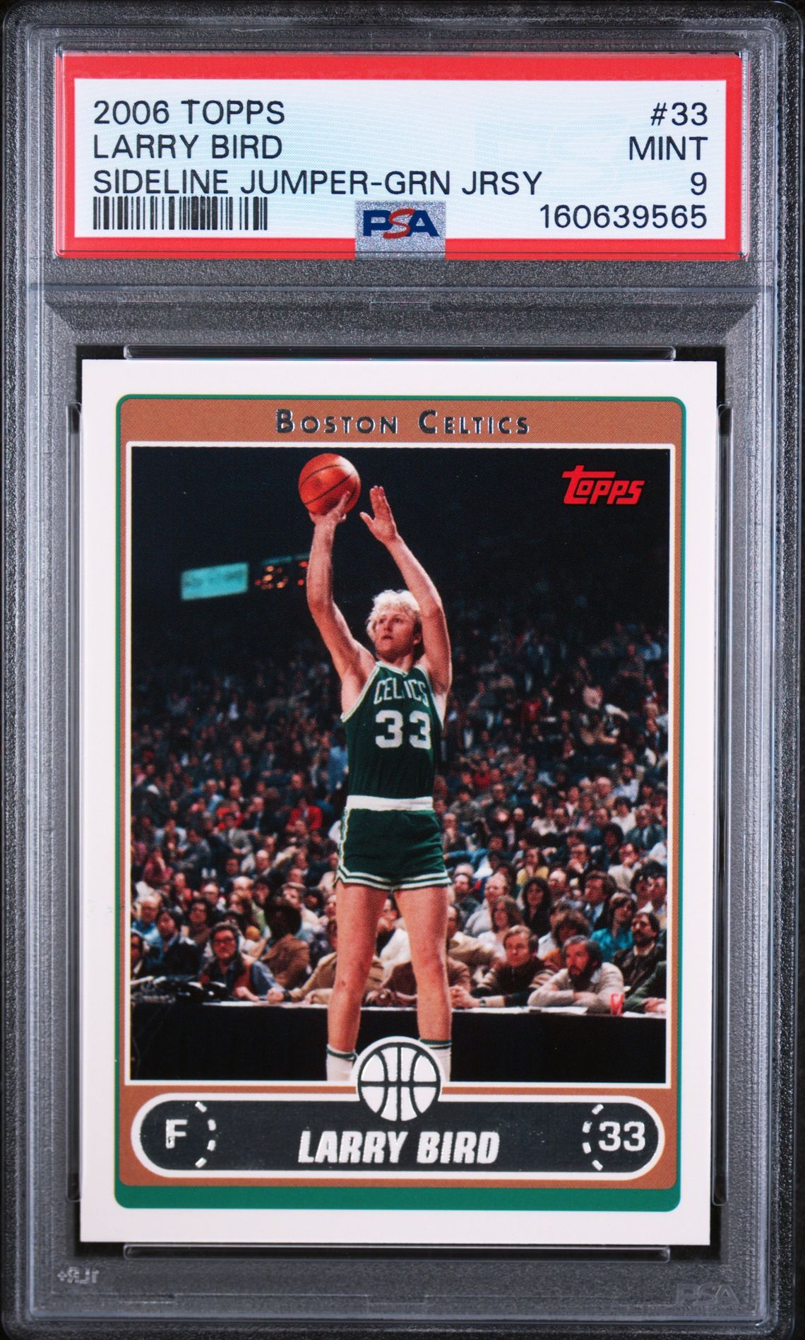 2006 Topps Larry Bird #33 (Sideline Jumper-Grn Jrsy) Mint 9 front