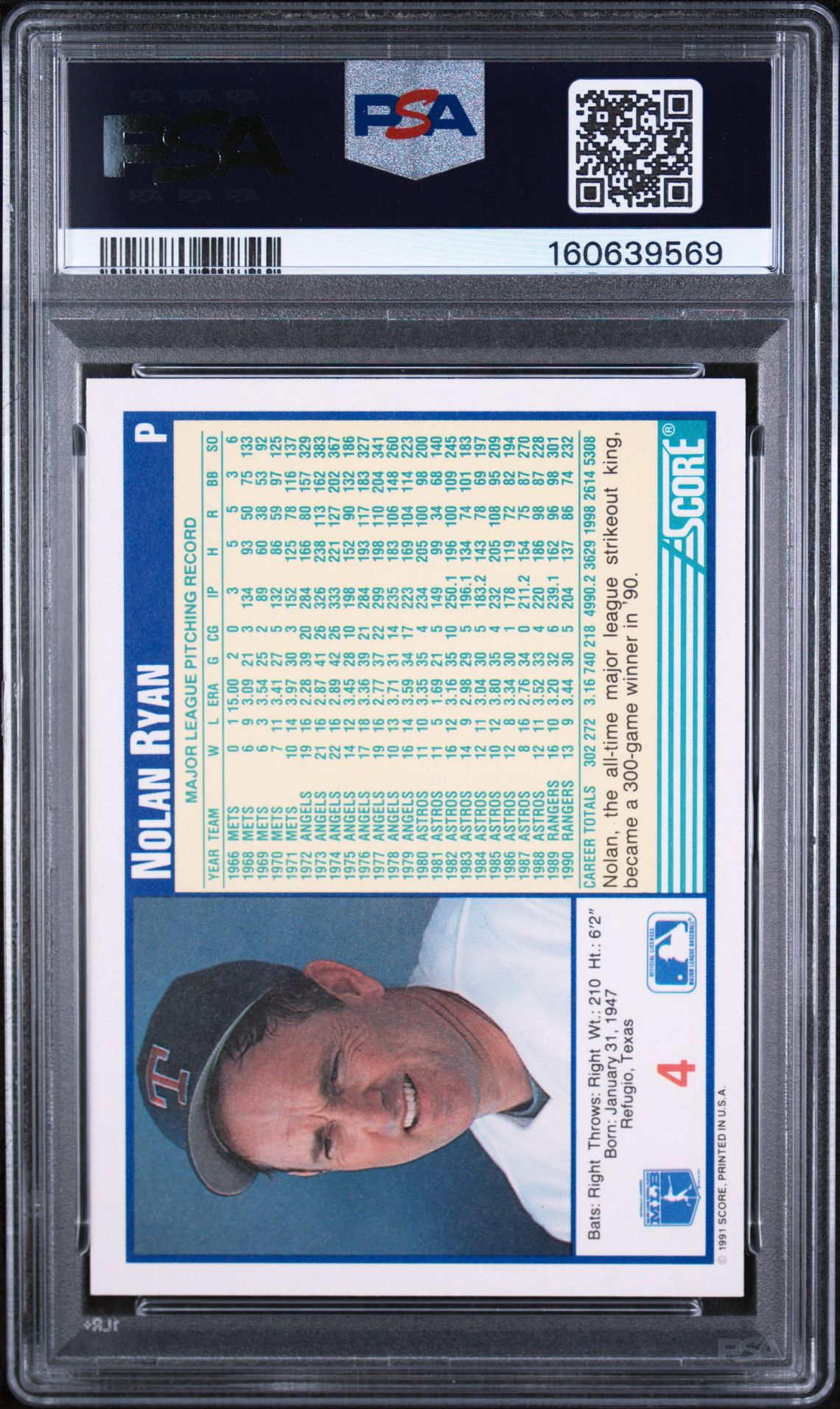 1991 Score Nolan Ryan #4 Mint 9 back