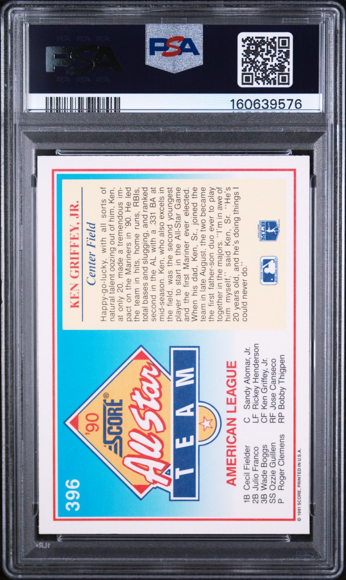1991 Score Ken Griffey Jr. #396 Mint 9 back