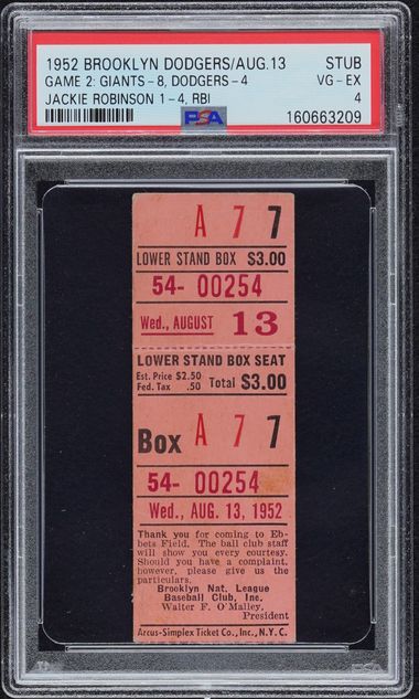 1952 Brooklyn Dodgers Stub Game 2: Giants-8, Dodgers-4 Aug.13 Jackie Robinson 1-4, RBI Ticket Stub, PSA 4