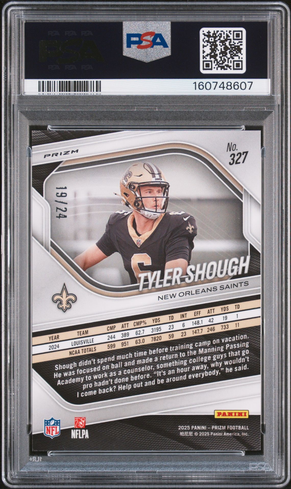 2025 Panini Prizm Tyler Shough #327 (Gold Sparkle) Gem Mt 10 back view - PSA certificate #160748607