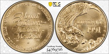 1991-W $5 Mount Rushmore MS70