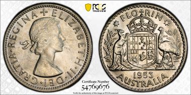1953(m) Florin Small Rev. Denticles KM-54  Ag MS64