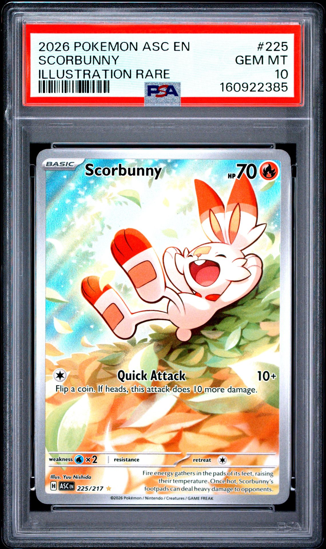 2026 Pokemon Asc En-Ascended Heroes Scorbunny #225 (Illustration Rare) Gem Mt 10 front view - PSA graded GEM MT 10