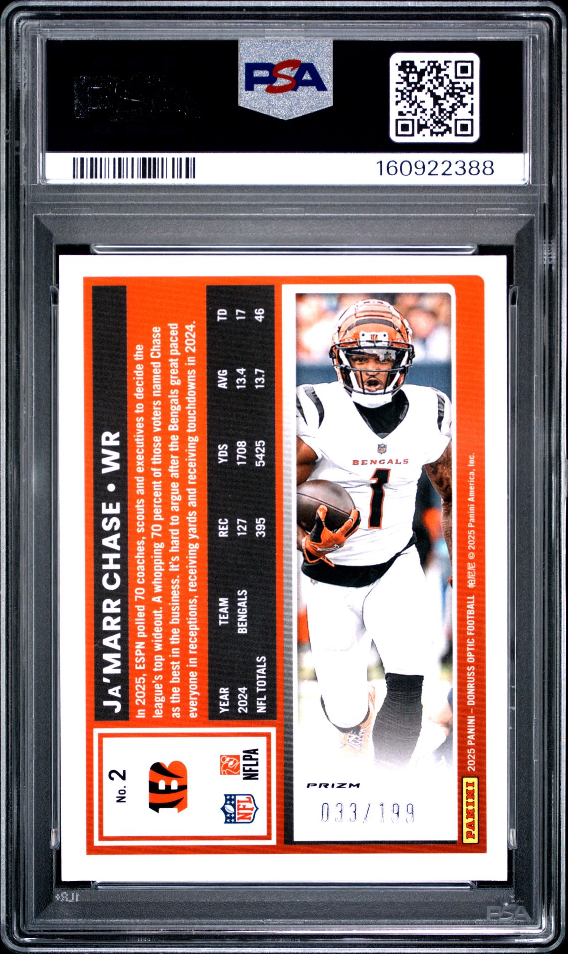 2025 Panini Donruss Optic Ja'marr Chase #2 (Flex) Gem Mt 10 back view - PSA certificate #160922388